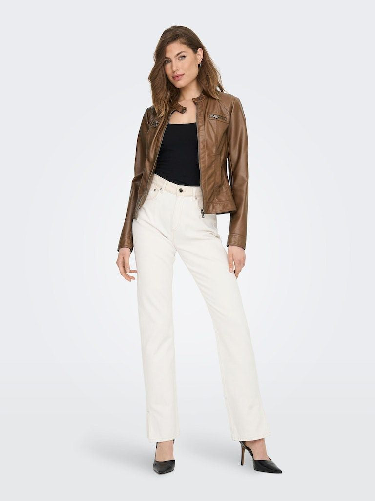 Onlbandit Faux Leather Biker Otw Noos Cognac - dvjeans