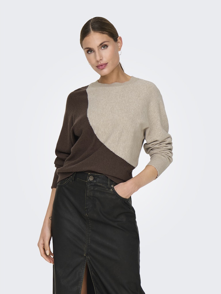JDY Jdymarco Mia Life L/S Oneck Pullover Knt 15330677 Chocolate Brown W. Beige Colorblock