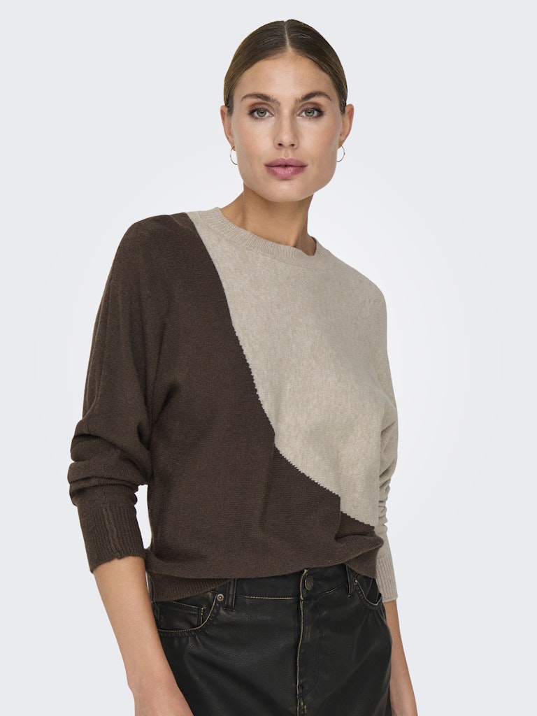 JDY Jdymarco Mia Life L/S Oneck Pullover Knt 15330677 Chocolate Brown W. Beige Colorblock