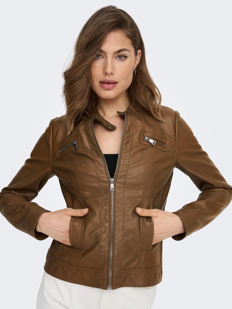Onlbandit Faux Leather Biker Otw Noos Cognac - dvjeans